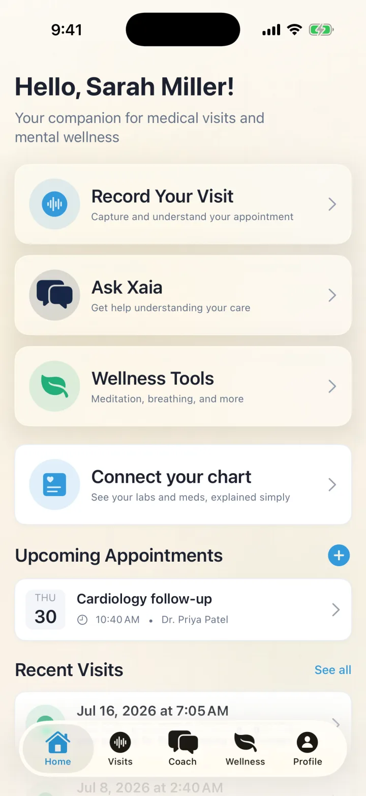 Xaia Advocate app home screen with visit recording, appointments, and wellness tools