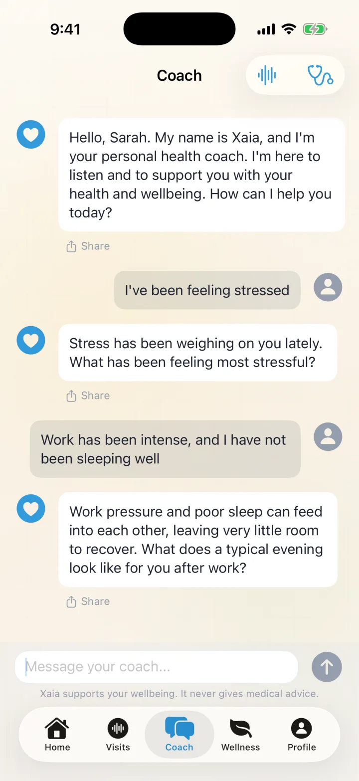 Xaia Advocate coach chat screen with a supportive conversation