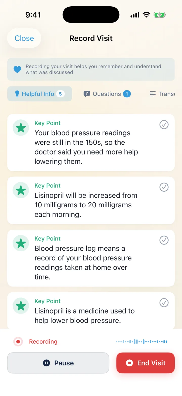 Xaia Advocate recording a doctor visit with live Helpful Info cards