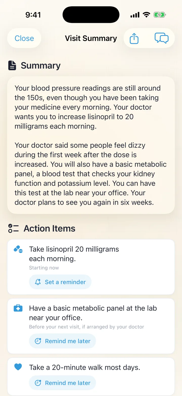 Xaia Advocate visit summary screen with plain-language summary and action items