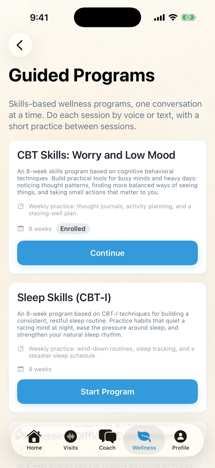 Xaia Advocate guided programs catalog with CBT skills programs