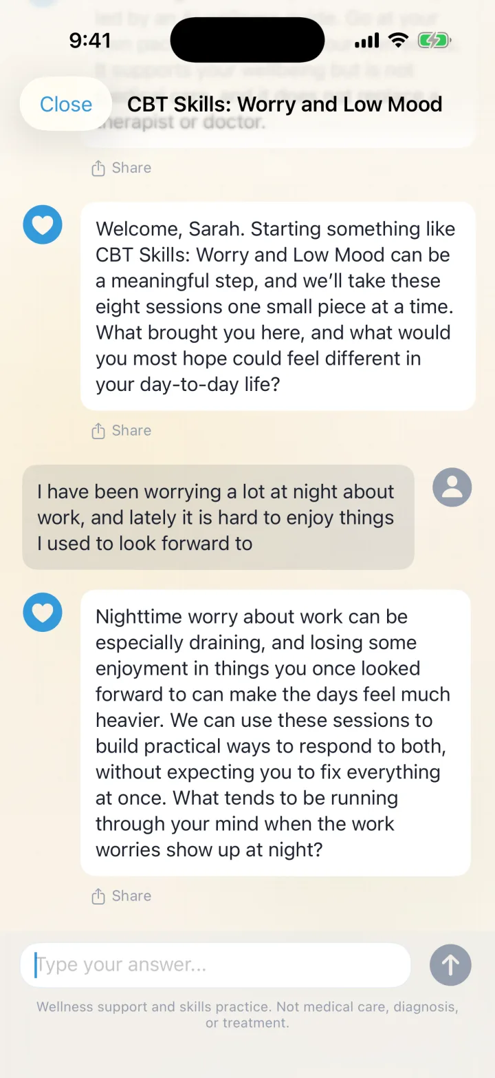 A guided CBT skills session conversation in Xaia Advocate