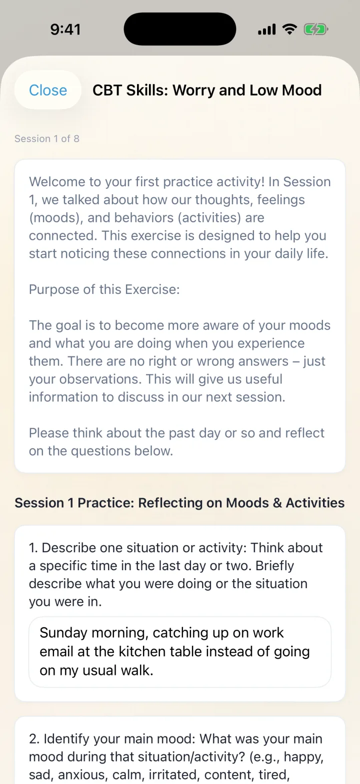 Structured weekly practice homework form in Xaia Advocate