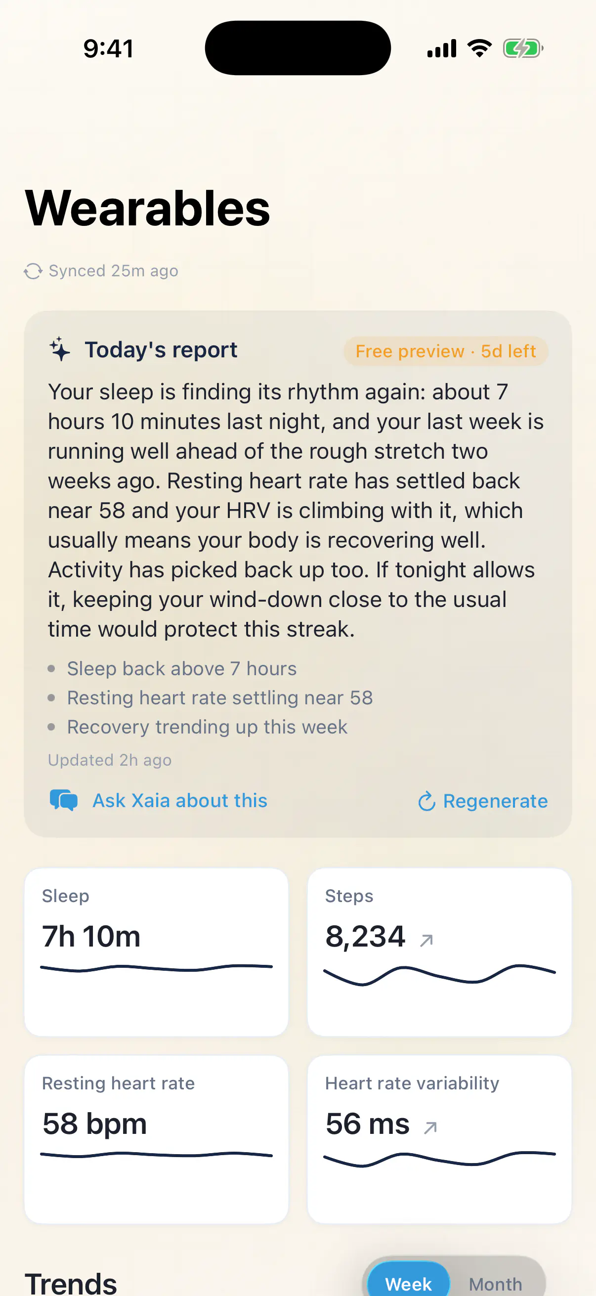 Xaia Advocate wearables dashboard with a daily AI report and sleep, steps, heart rate, and HRV trend tiles