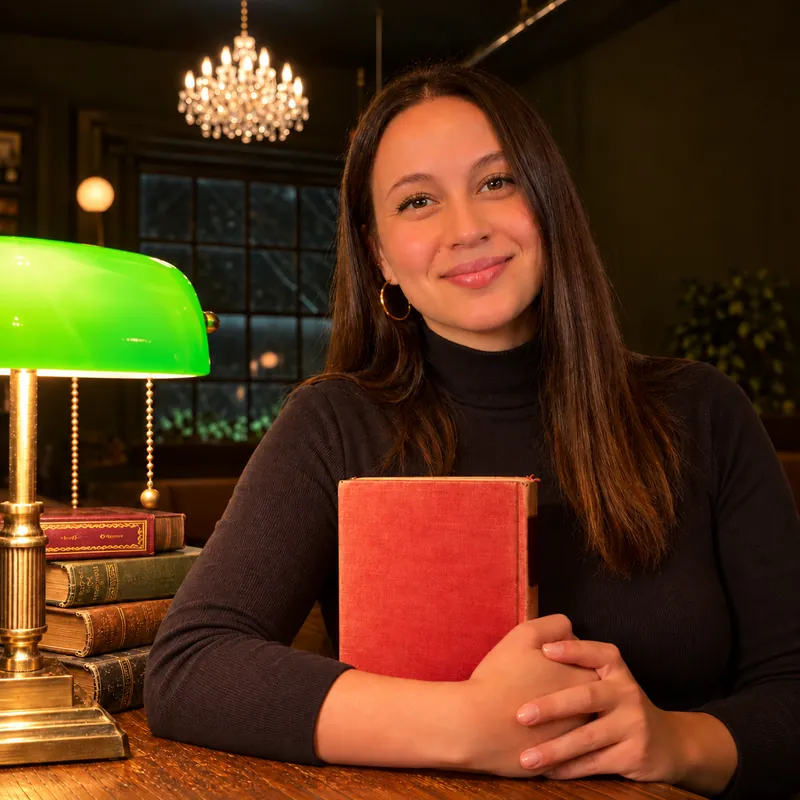 Angela Magariel holding a book beside a green desk lamp