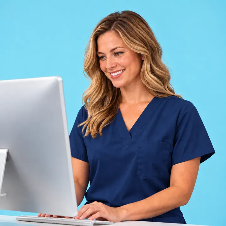 A practice administrator working at a computer
