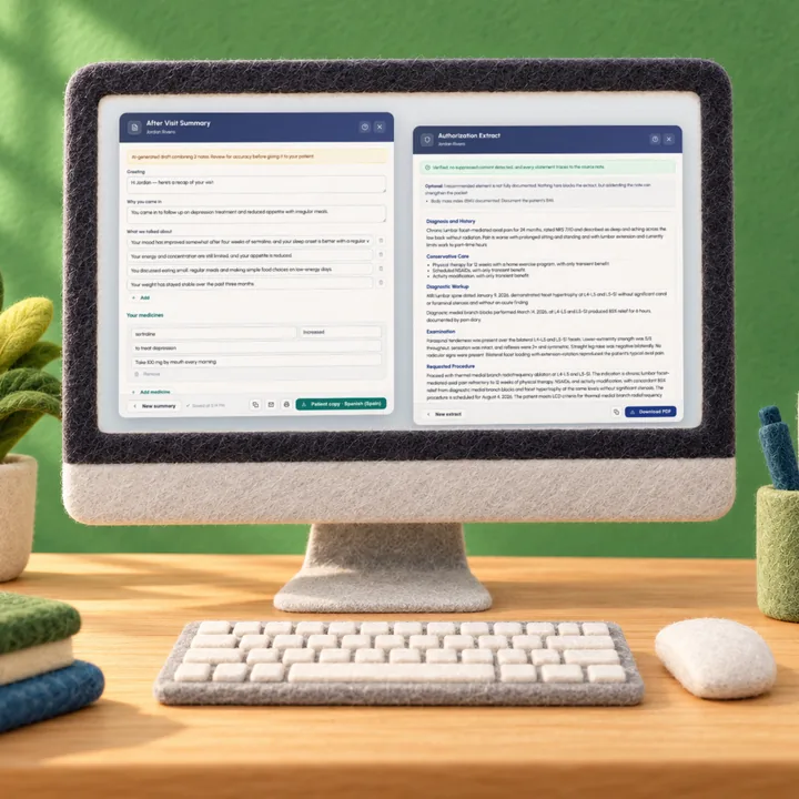 A desktop showing a drafted after-visit summary and an authorization extract ready for review