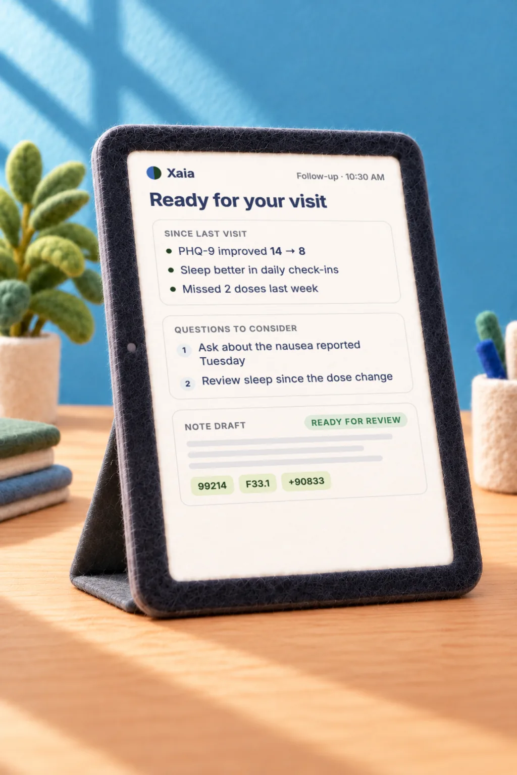 A tablet showing a visit summary with recent scores, questions to consider, and a note draft ready for review