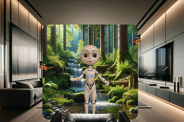 Xaia in a forest scene that opens into a living room
